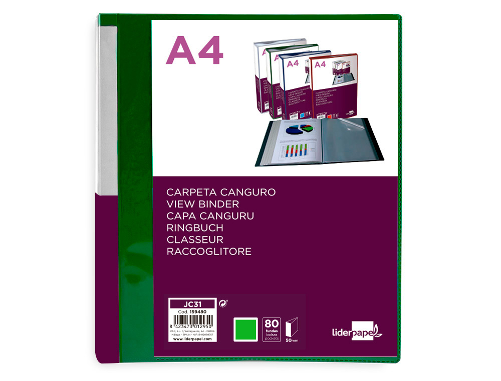 CARPETA LIDERPAPEL 80 FUNDAS CANGURO PP DIN A4 VERDE TRANSLUCIDO PORTADA Y LOMO PERSONALIZABLE