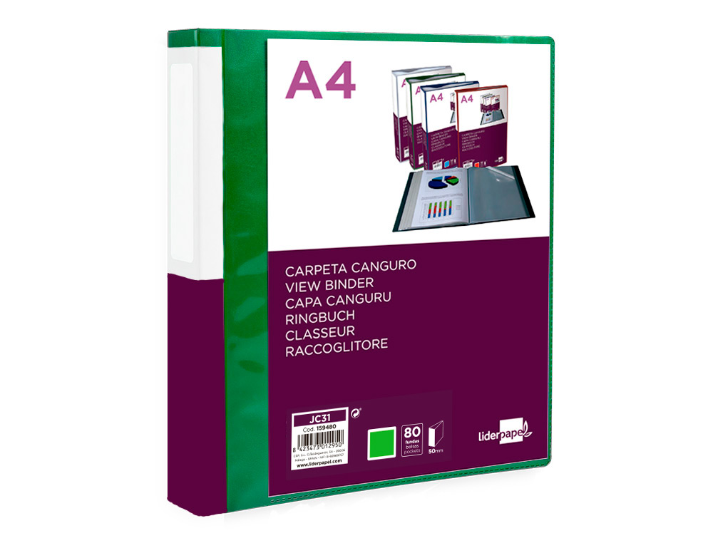 CARPETA LIDERPAPEL 80 FUNDAS CANGURO PP DIN A4 VERDE TRANSLUCIDO PORTADA Y LOMO PERSONALIZABLE