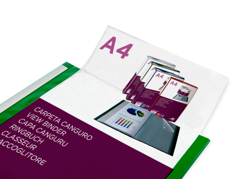 CARPETA LIDERPAPEL 80 FUNDAS CANGURO PP DIN A4 VERDE TRANSLUCIDO PORTADA Y LOMO PERSONALIZABLE