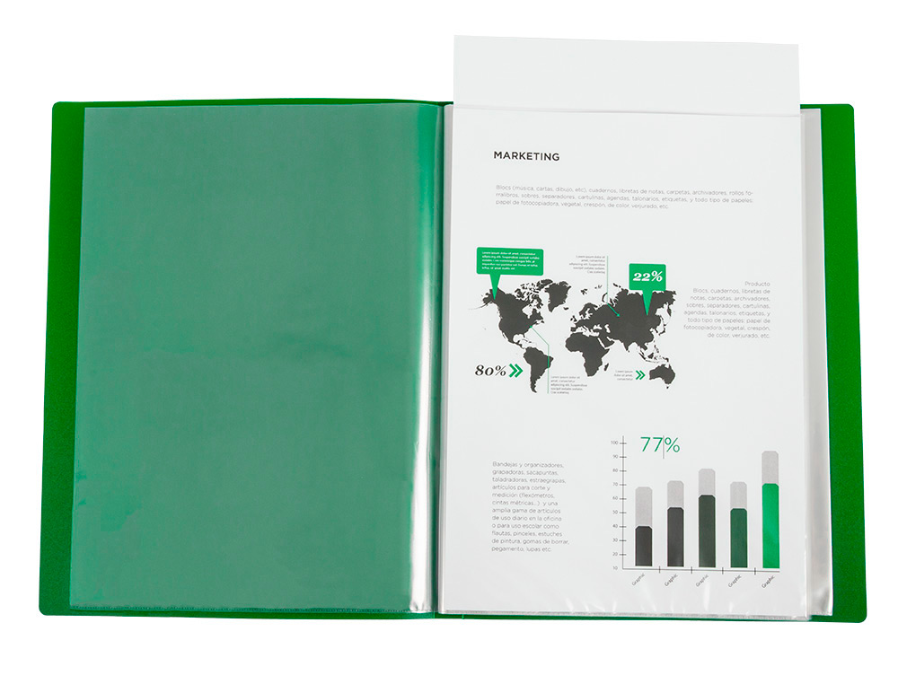 CARPETA LIDERPAPEL 80 FUNDAS CANGURO PP DIN A4 VERDE TRANSLUCIDO PORTADA Y LOMO PERSONALIZABLE