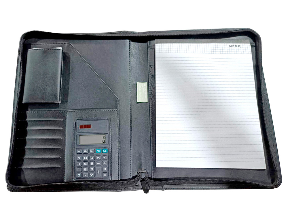 CARPETA PORTAFOLIOS Q-CONNECT CREMALLERA SIN ANILLAS CON CALCULADORA Y BOLSA PARA MOVIL COLOR NEGRO 260X355 MM