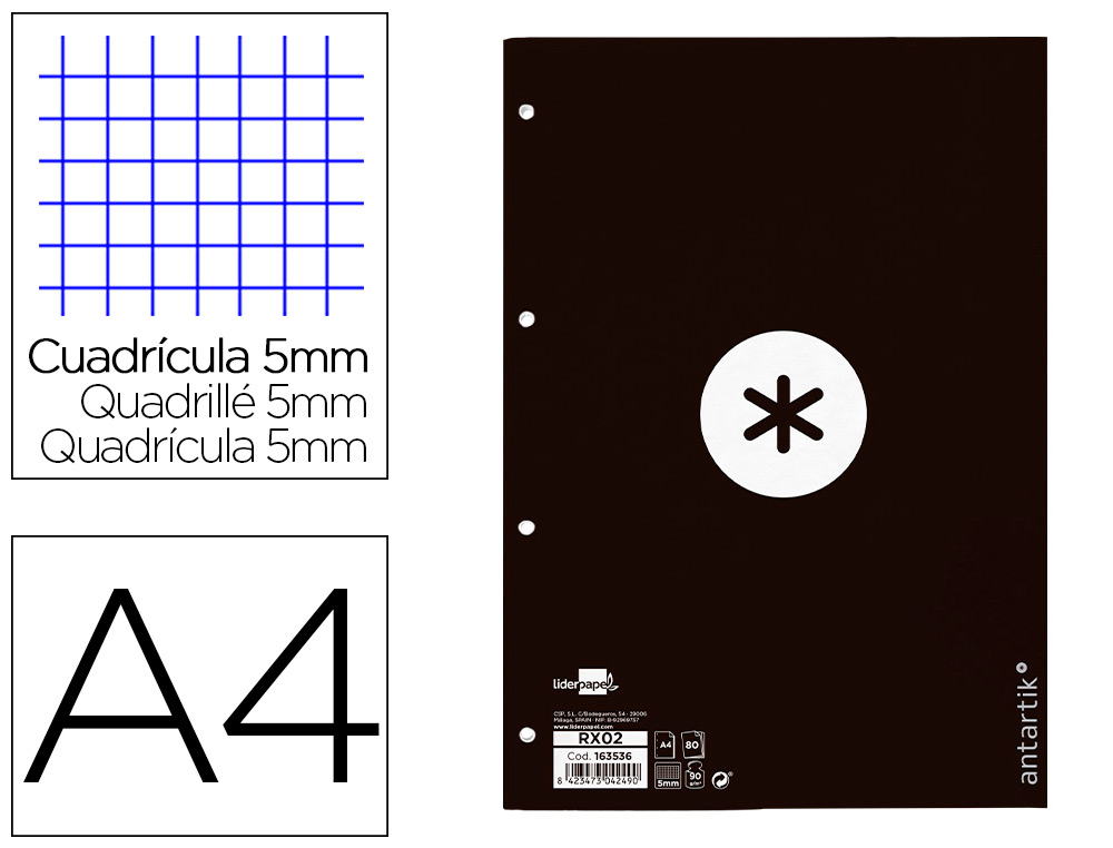 RECAMBIO ANTARTIK A4 80 HOJAS 90G/M2 CUADRO 5 MM 4 TALADROS 1 BANDA MARCO COLOR NEGRO
