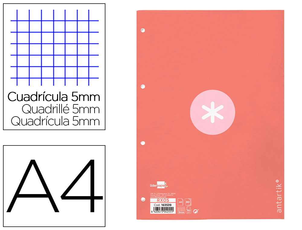 RECAMBIO ANTARTIK A4 80 HOJAS 90G/M2 CUADRO 5 MM 4 TALADROS 1 BANDA MARCO COLOR ROSA