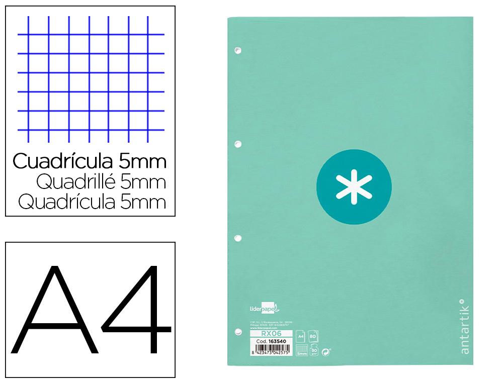 RECAMBIO ANTARTIK A4 80 HOJAS 90GR CUADRO 5 MM 4 TALADROS 1 BANDA MARCO COLOR MENTA