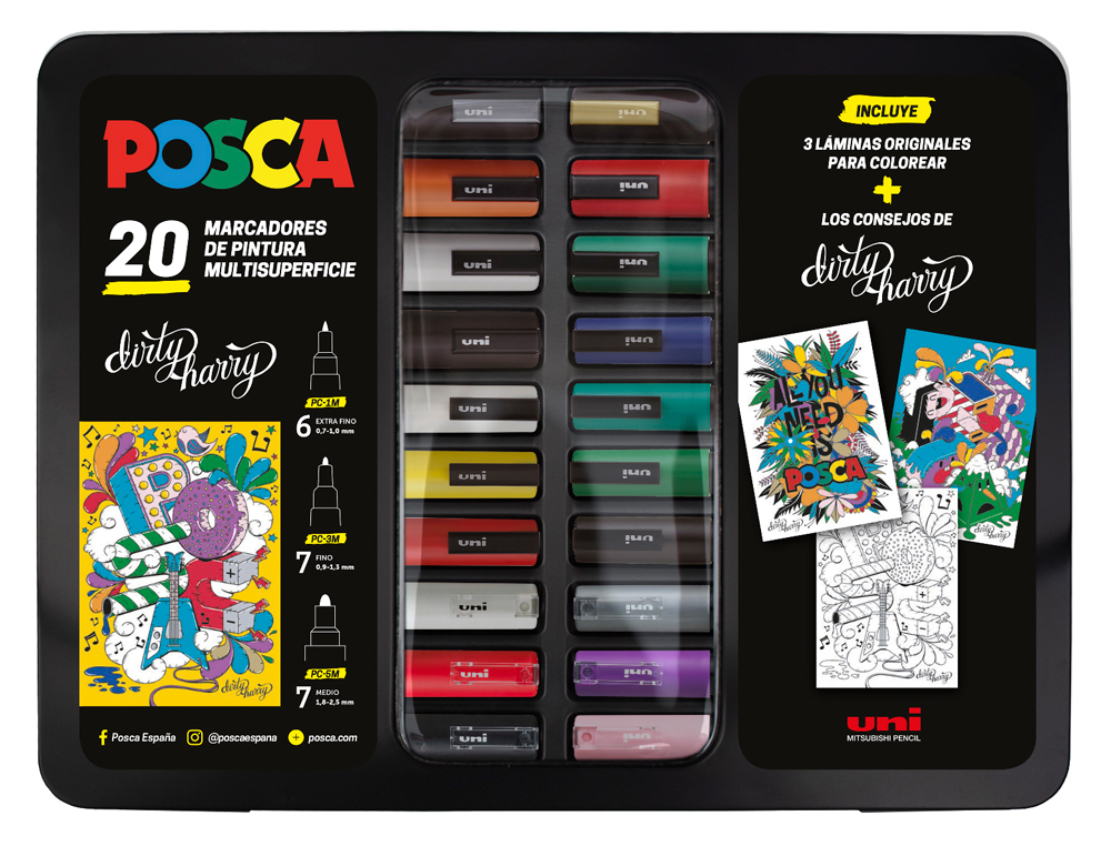 ROTULADOR UNI POSCA DIRTY HARRY MARCADOR DE PINTURA PUNTA CONICA MALETIN METALICO DE 20 UNIDADES COLORES