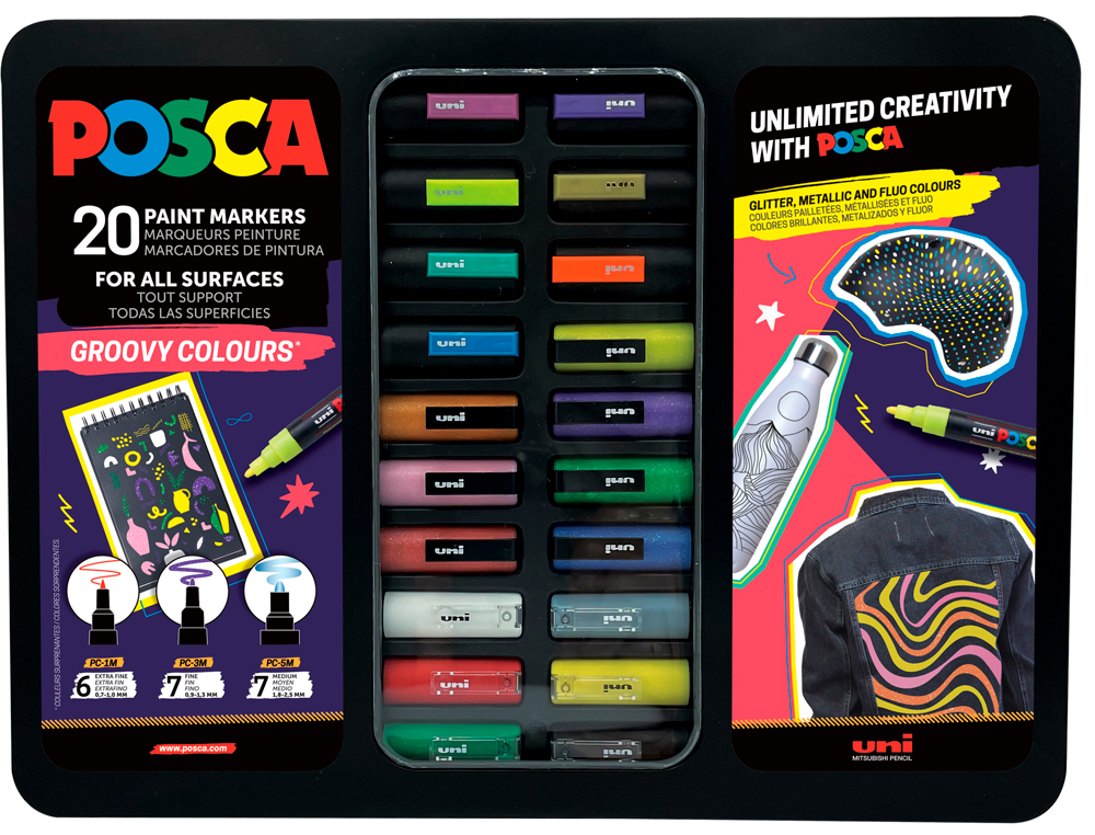 ROTULADOR UNI POSCA GROOVY COLOURS MARCADOR DE PINTURA PUNTA CONICA MALETIN METALICO DE 20 UNIDADES COLORES