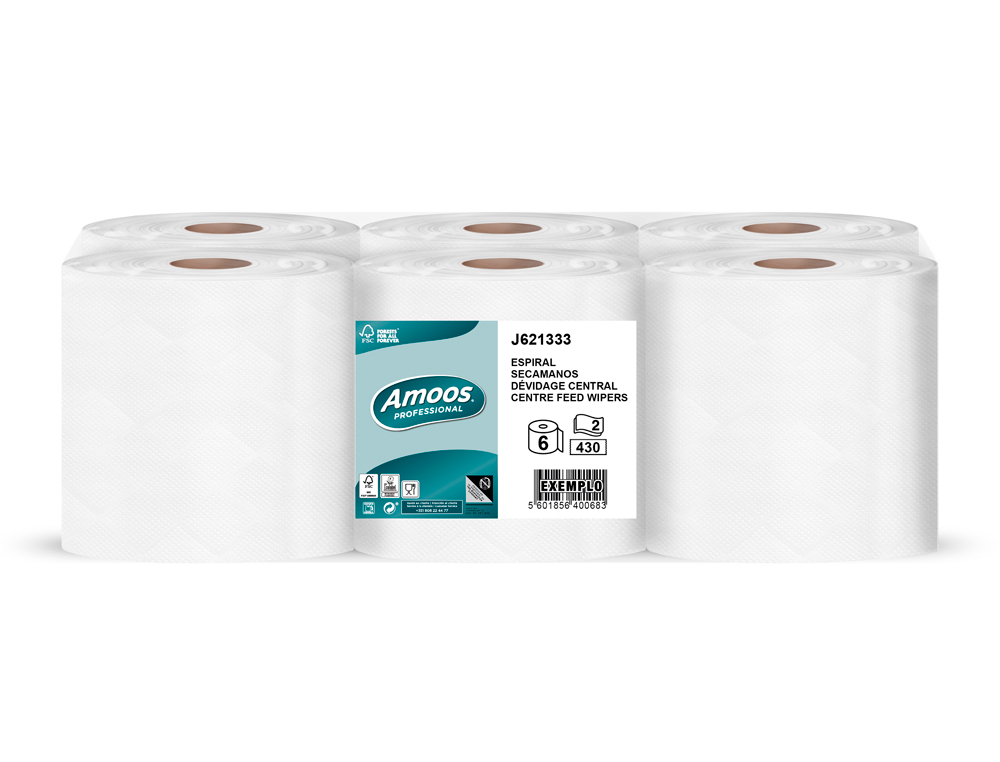 PAPEL SECAMANOS AMOOS EFFICIENCY PROFESSIONAL 2 CAPAS COLOR BLANCO PAQUETE DE 6 ROLLOS