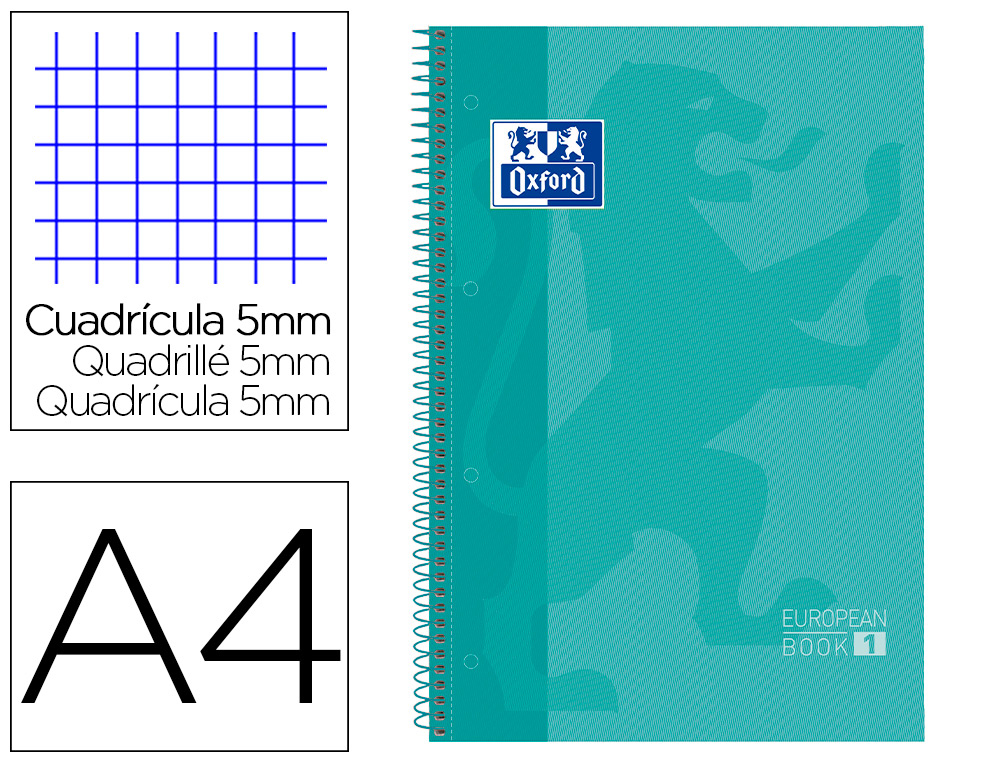 BLOC ESPIRAL OXFORD TAPA EXTRADURA MICROPERFORADO DIN A4 80 HOJAS CUADROS 5 MM COLOR MENTA HIELO