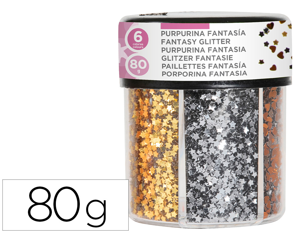 PURPURINA FANTASIA LIDERPAPEL CORAZON Y ESTRELLA COLOR ORO Y PLATA BOTE DE 80GR