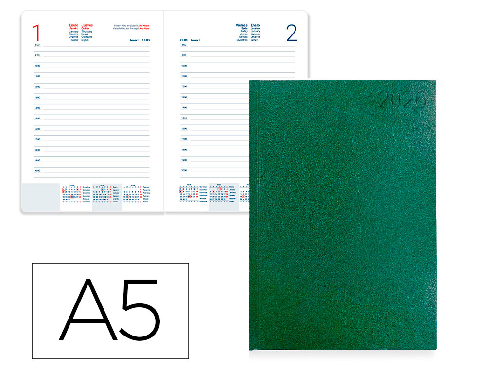 AGENDA ENCUADERNADA LIDERPAPEL CORFU 150X210 MM 2026 DIA PAGINA VERDE PAPEL 60 GR