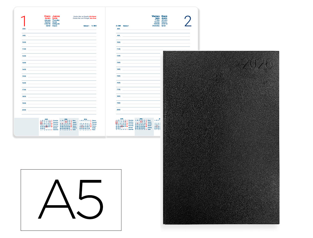 AGENDA ENCUADERNADA LIDERPAPEL CORFU 150X210 MM 2026 DIA PAGINA NEGRO PAPEL 60 GR