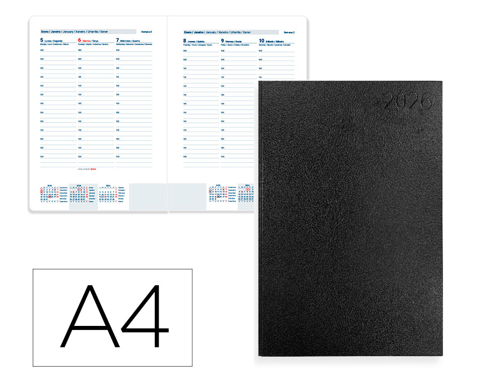 AGENDA ENCUADERNADA LIDERPAPEL CORFU A4 2026 SEMANA VISTA NEGRO PAPEL 60 GR