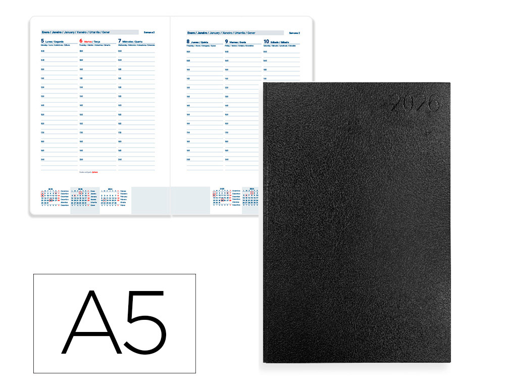 AGENDA ENCUADERNADA LIDERPAPEL CORFU A5 2026 SEMANA VISTA NEGRO PAPEL 60 GR