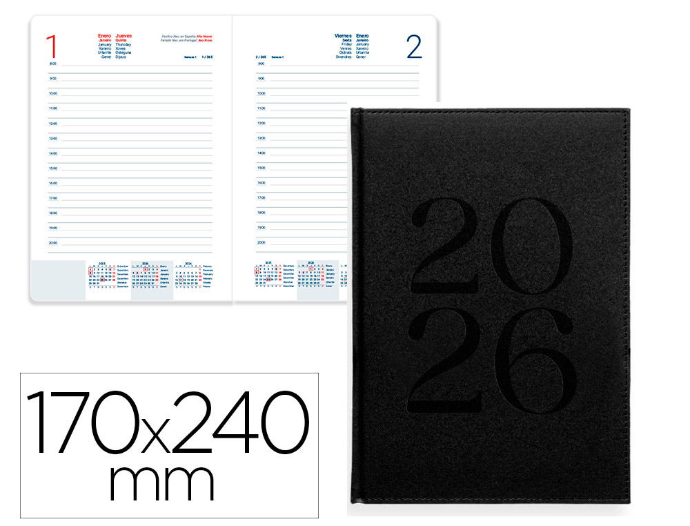 AGENDA ENCUADERNADA LIDERPAPEL CRETA 170X240 MM 2026 DIA PAGINA NEGRO PAPEL 70 GR