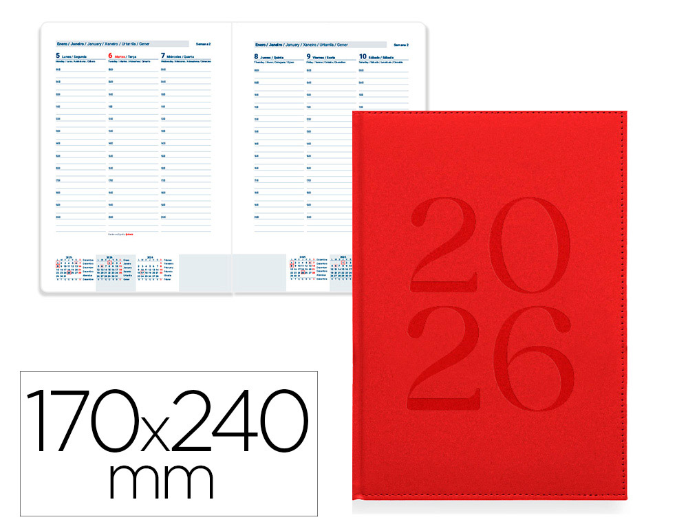 AGENDA ENCUADERNADA LIDERPAPEL CRETA 170X240 MM 2026 SEMANA VISTA BURGUNDY PAPEL 70 GR